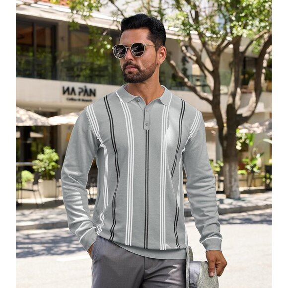 Men's Knit Polo Sweater Long Sleeve Striped Thermal Button Collar Sweater Grey - Picture 6 of 7